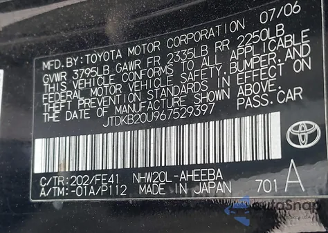 2006 Toyota Prius из США, поврежденный, VIN JTDKB20U967529397